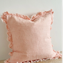Load image into Gallery viewer, Rose Pink Ruffled Linen Cushion