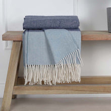 Load image into Gallery viewer, Soft Duck Egg Blue and Navy Herringbone 100% Pure Wool Throw