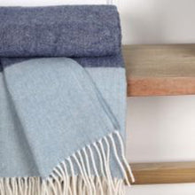 Load image into Gallery viewer, Soft Duck Egg Blue and Navy Herringbone 100% Pure Wool Throw