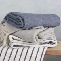 Load image into Gallery viewer, Soft Duck Egg Blue and Navy Herringbone 100% Pure Wool Throw