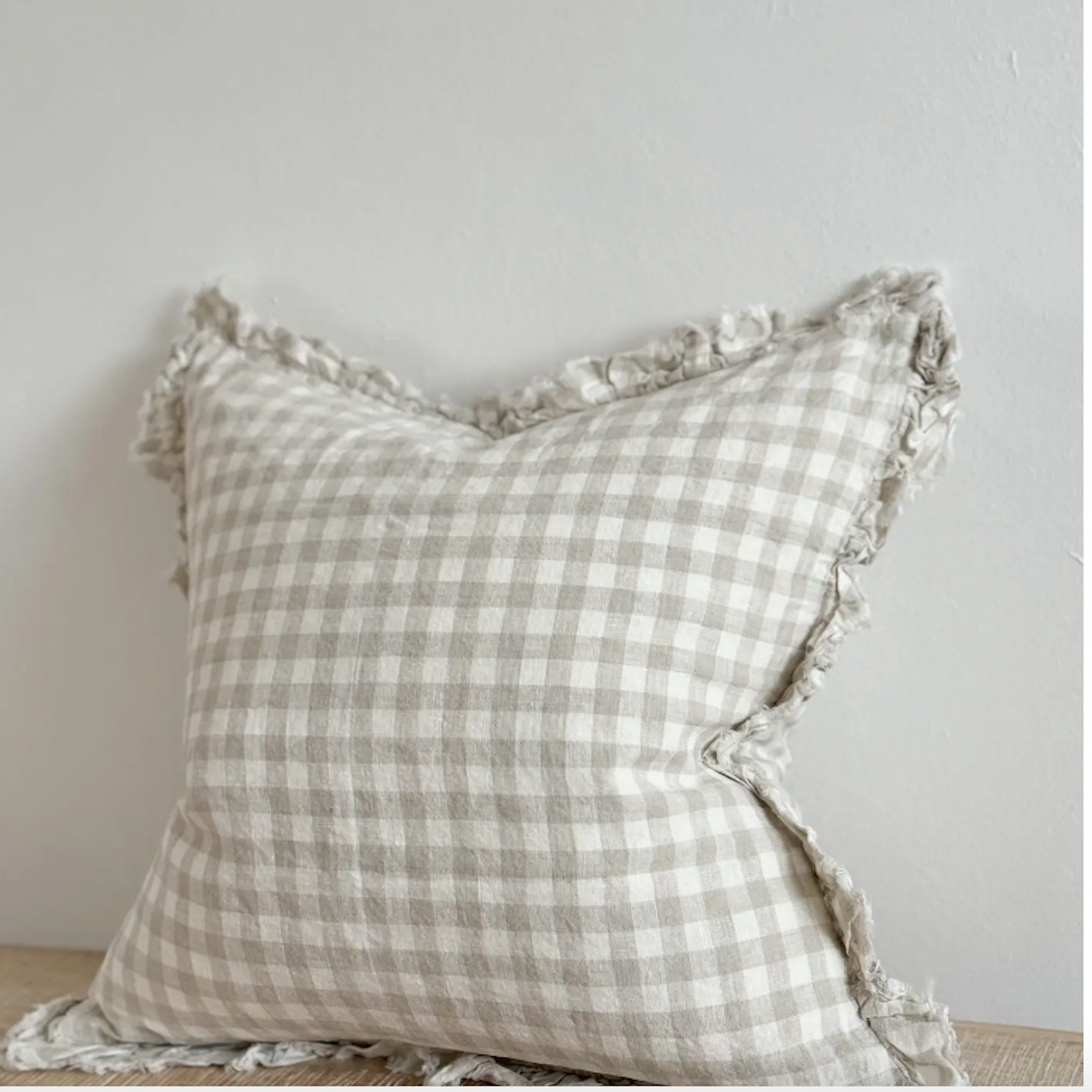 Natural Gingham Ruffled Linen Cushion