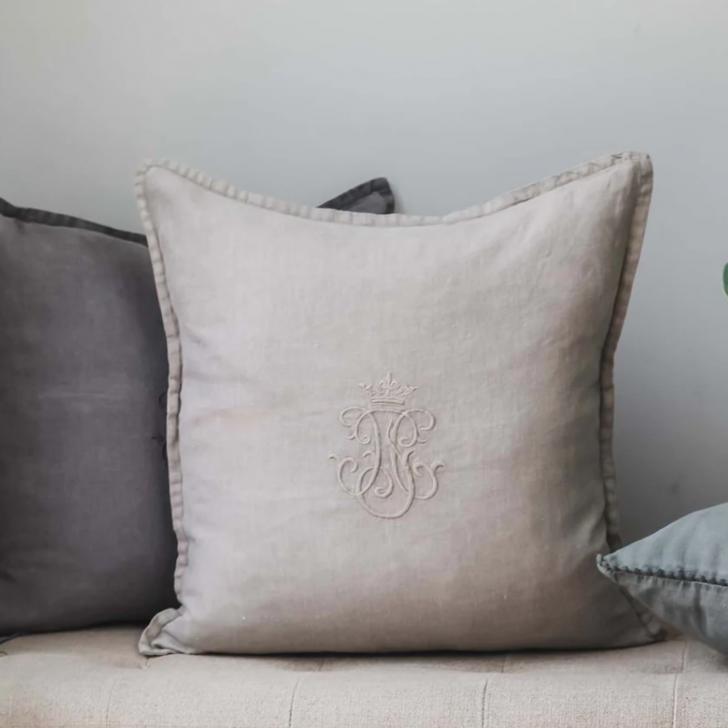 Natural Beige Linen Crown Monochrome Cushion